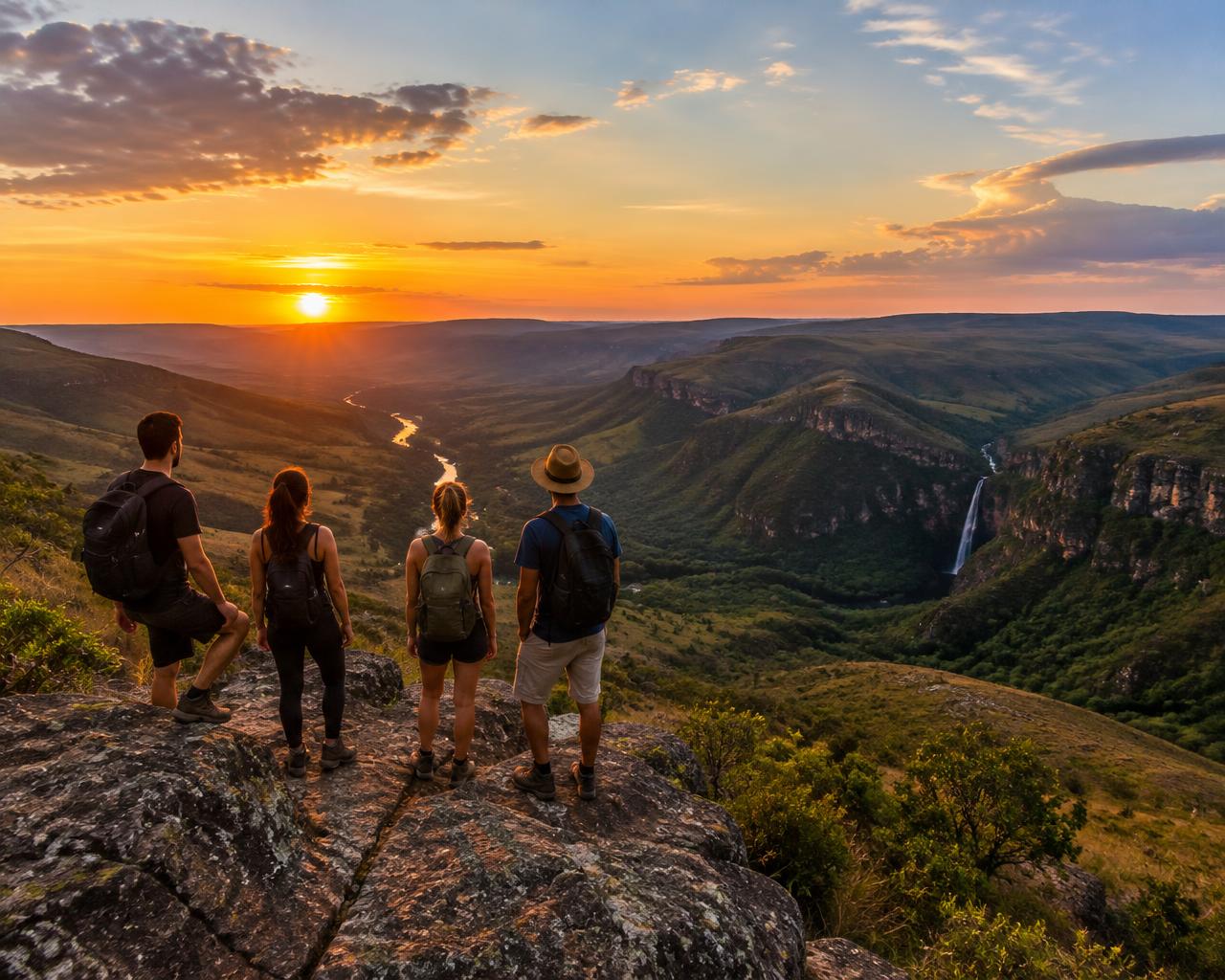 Grupo contemplando o pôr do sol em mirante da Serra da Canastra
